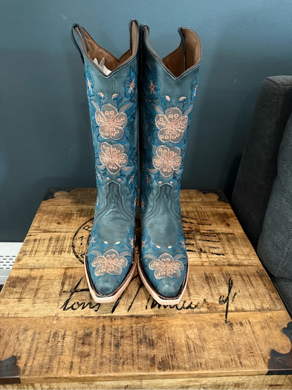 Circle G Teal Western Heeled Boots with Pink Embroidery